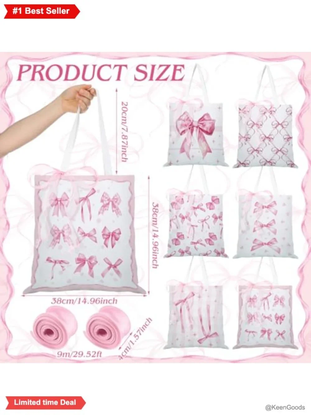 6 Pack Canvas Tote Bags with Ribbon DIY Bow Aesthetic Reusable Gift Set